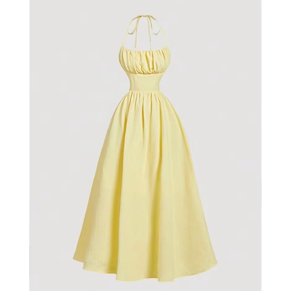SHEIN yellow Halter Midi Dress Open Back Tie Seersucker Ruffle Summer